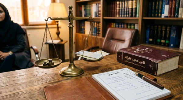 تصویر ترازو و کتاب قانون حمایت خانواده برای نشان دادن نهاد داوری در طلاق